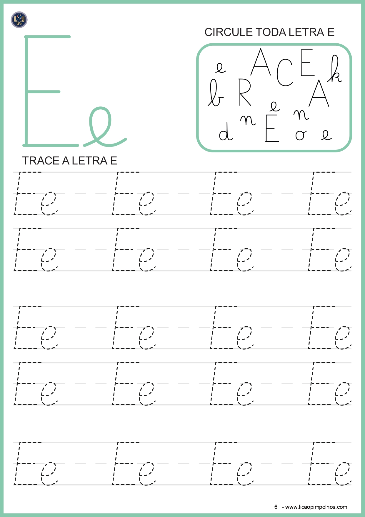 Atividade de traçado da letra E — apostila Leitura Fácil