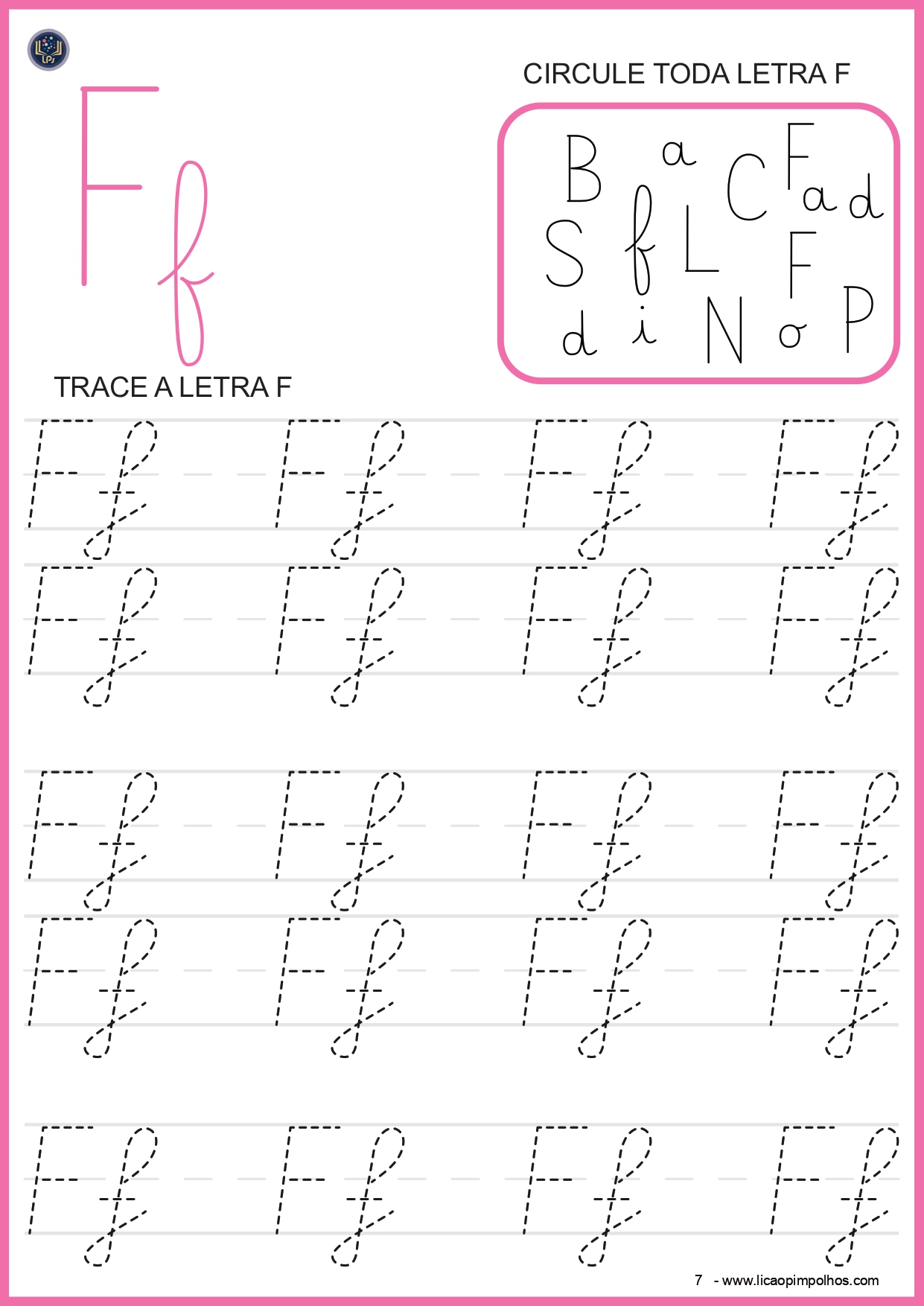 Atividade de traçado da letra F — apostila Leitura Fácil