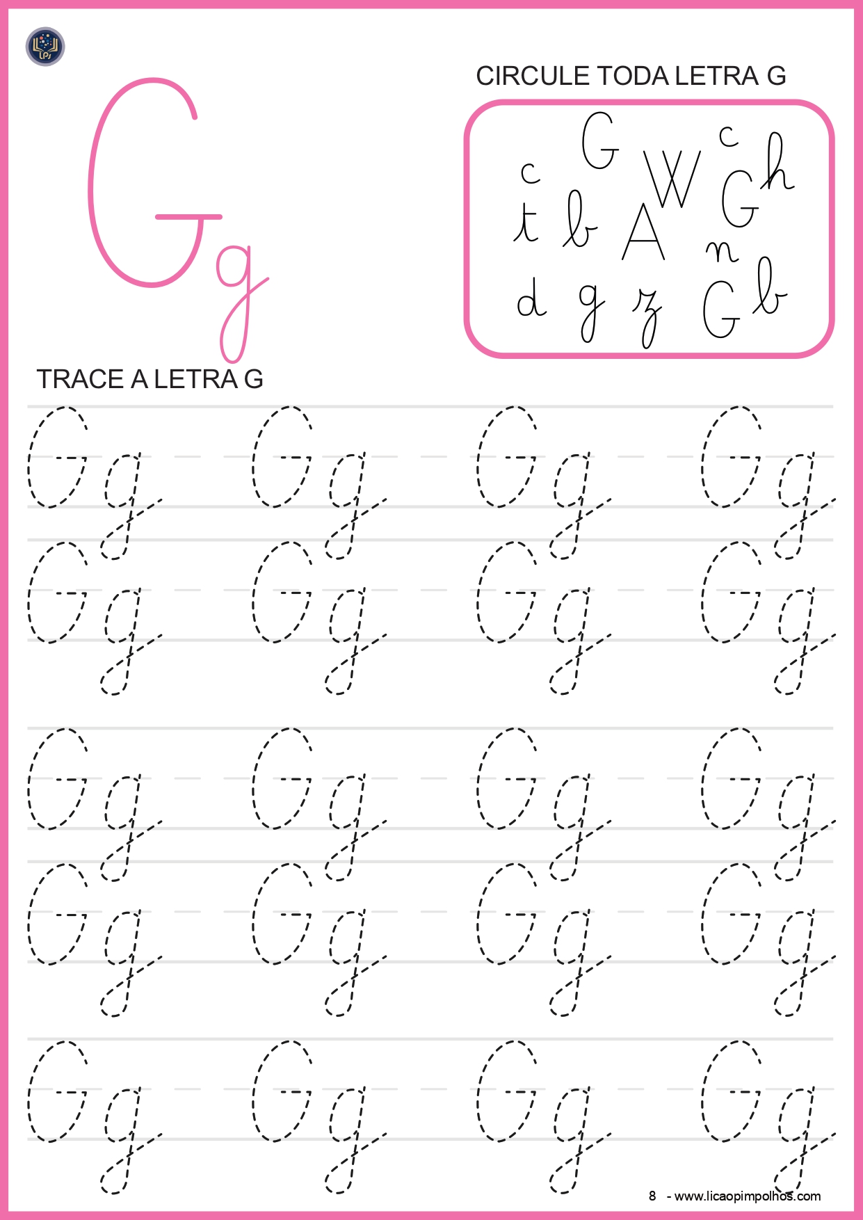 Atividade de traçado da letra G — apostila Leitura Fácil